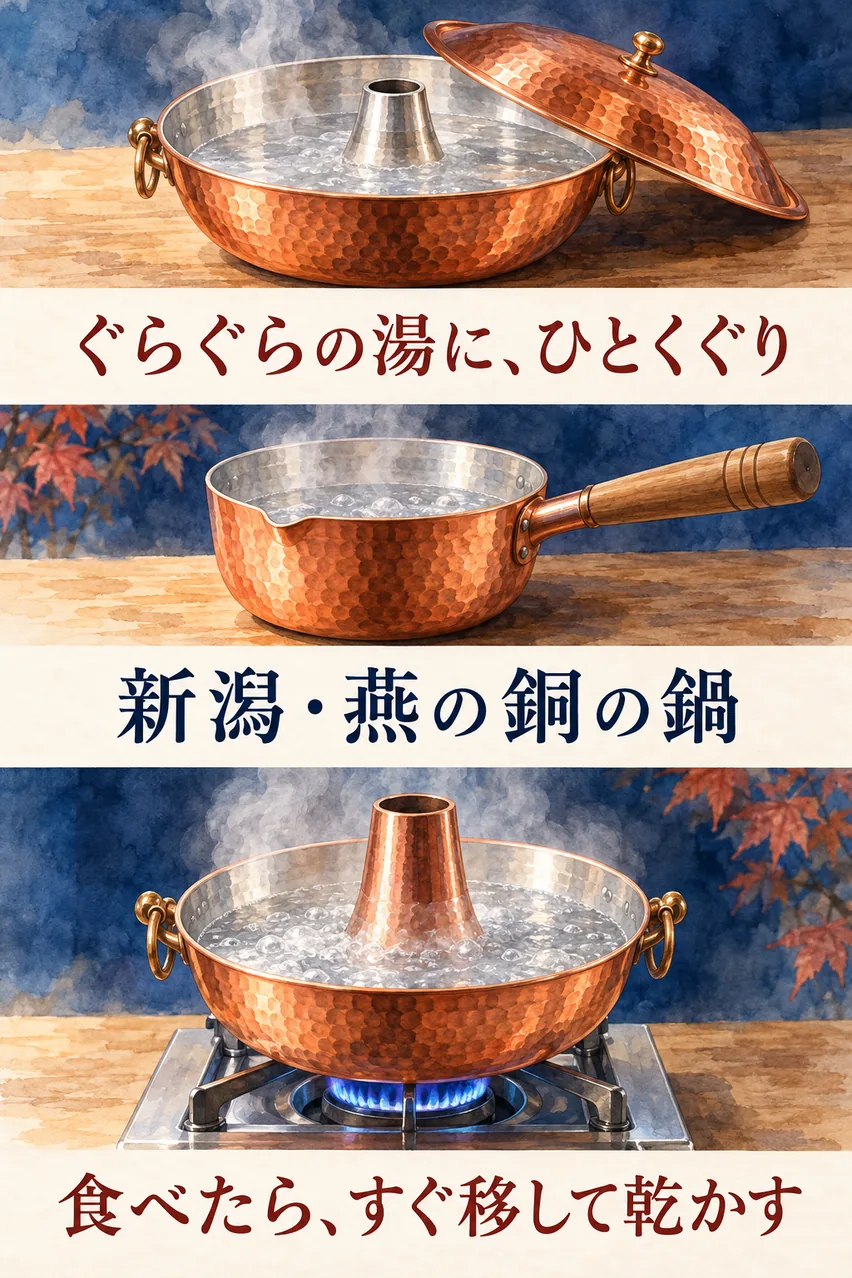 鎚目の銅のしゃぶしゃぶ鍋、木の持ち手の銅鍋、煙突鍋を縦に並べた、しゃぶしゃぶ鍋のまとめイラスト