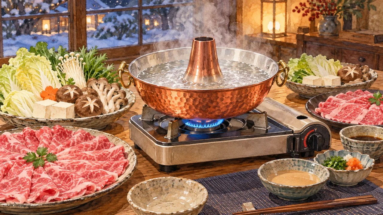 卓上カセットコンロにのった銅のしゃぶしゃぶ鍋を囲んで、薄切り肉と野菜の皿が並ぶ冬の食卓の水彩イラスト