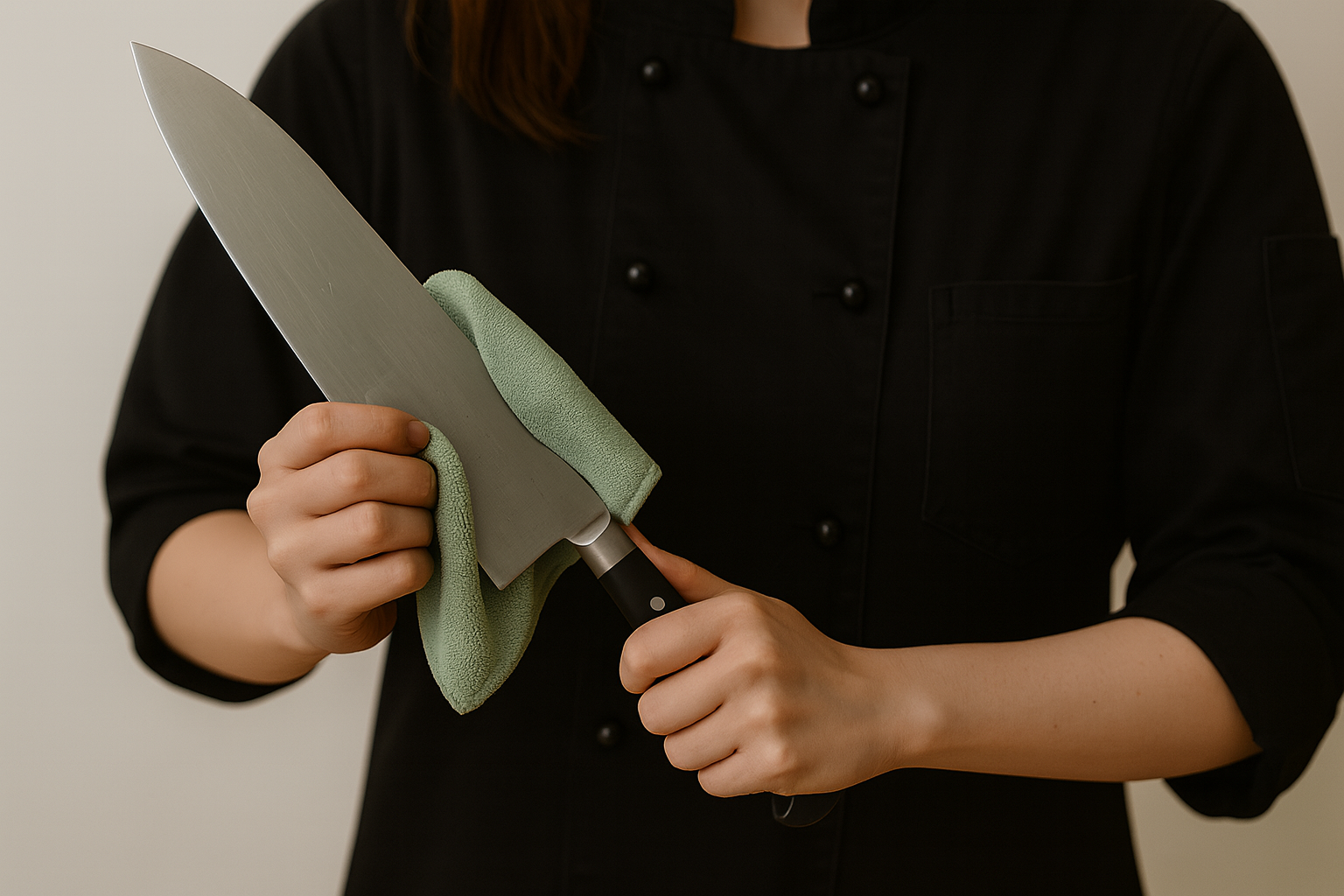 包丁を使った後、布で水分を拭き取っている様子