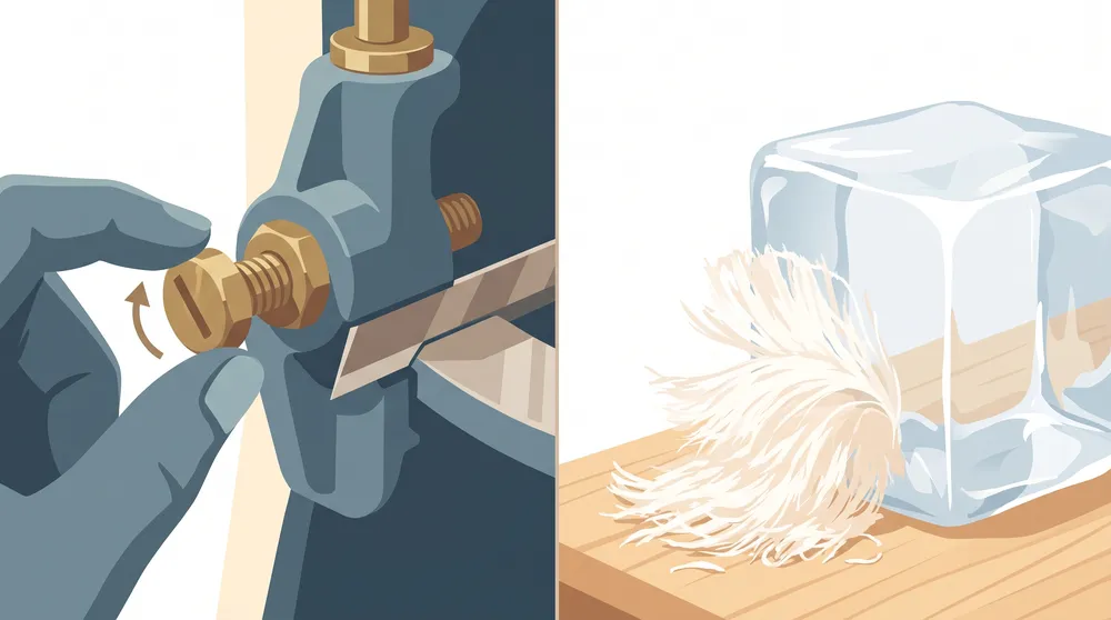かき氷機の刃の出具合を調整する様子と、透明な純氷ブロックを描いたイラスト