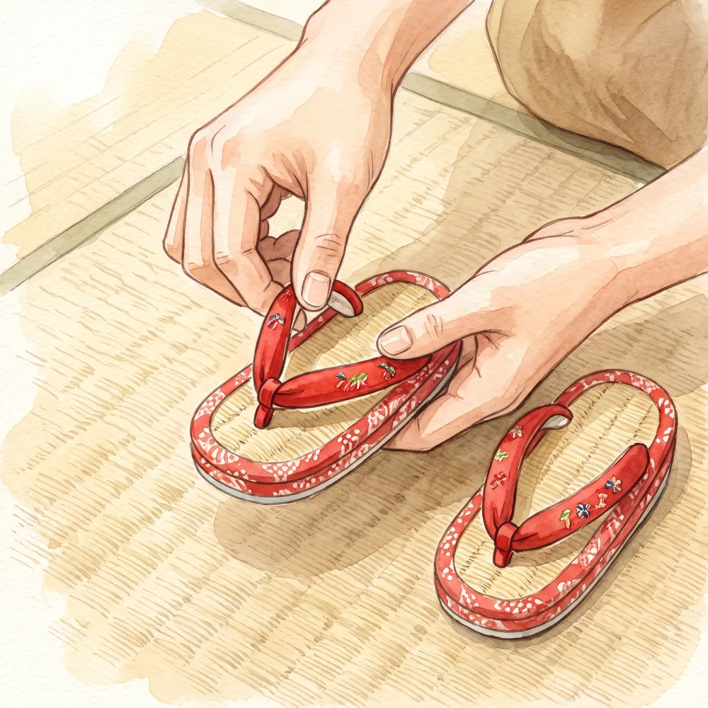 子ども用の草履。鼻緒を指で上下に動かして緩めている様子