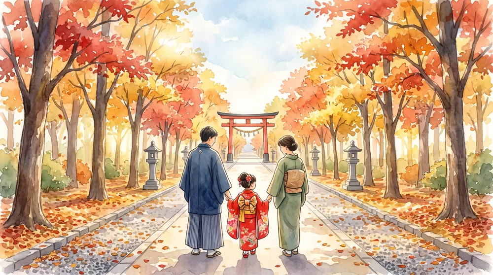 秋の神社の参道を、晴れ着姿の子どもと家族が歩いていく様子