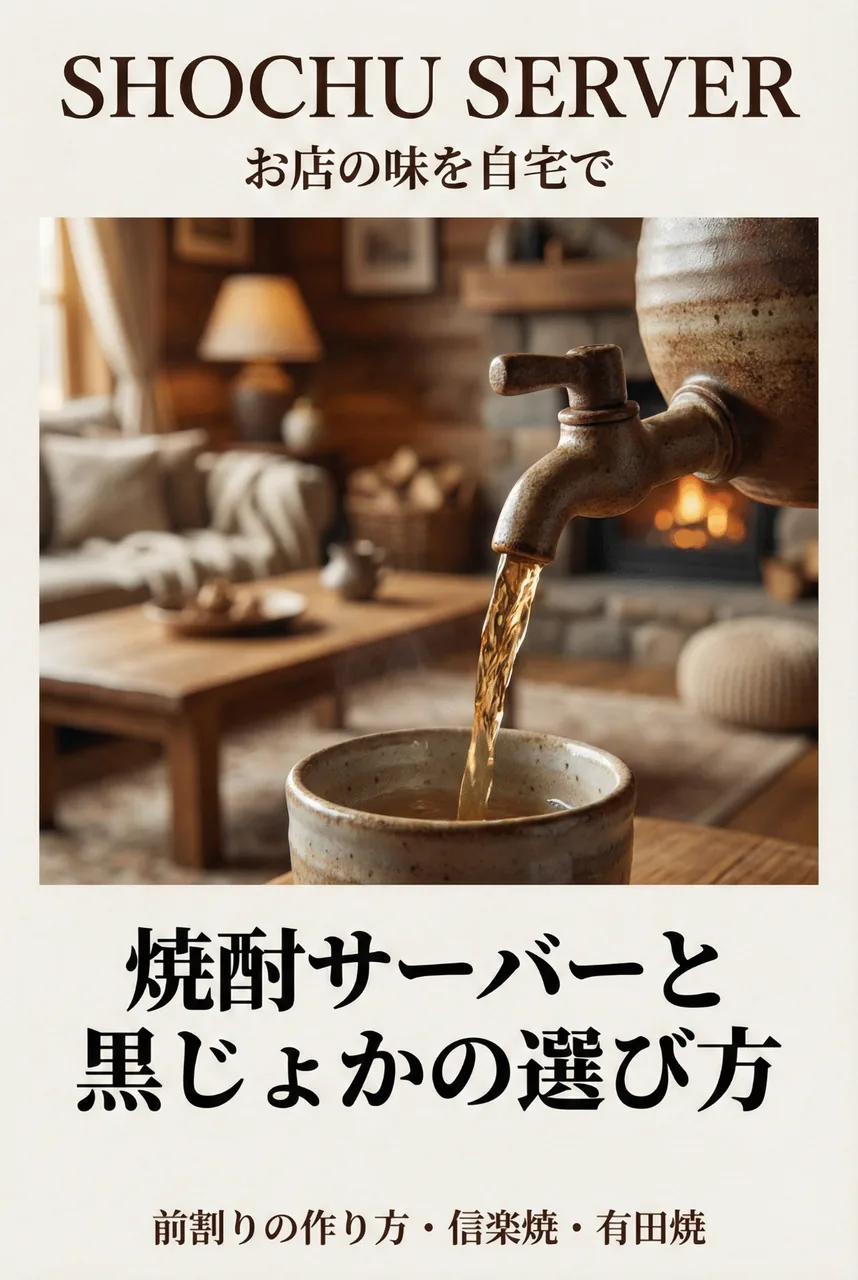落ち着いた照明のリビングで、信楽焼のサーバーから焼酎を注ぎ、楽しんでいる大人の晩酌シーン