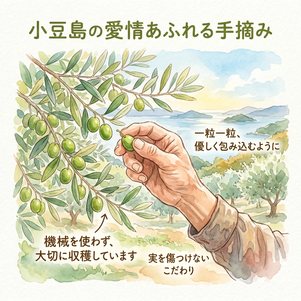 オリーブ畑で、職人が一粒一粒丁寧に手でオリーブの果実を摘み取っている様子を描いた水彩画風イラスト