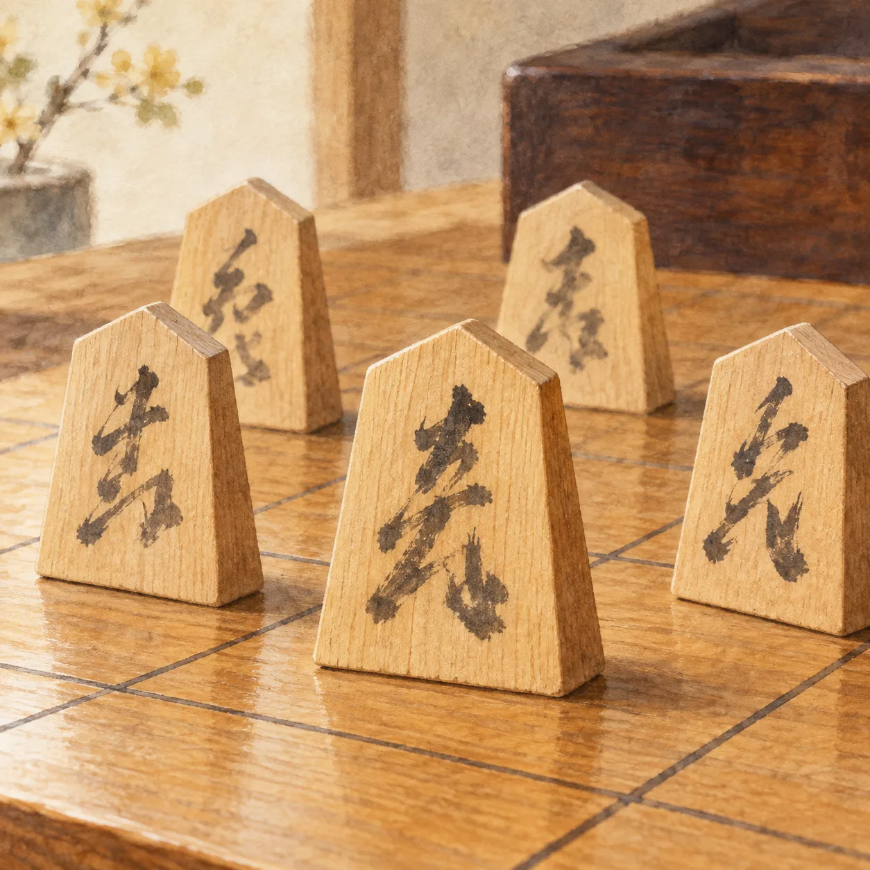彫りの入った将棋駒を数枚、木の盤の上に並べた写真