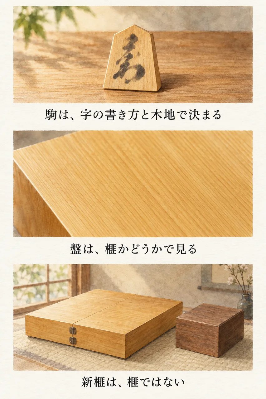 将棋の駒と盤、彫刻刀を並べた、まとめのイラスト
