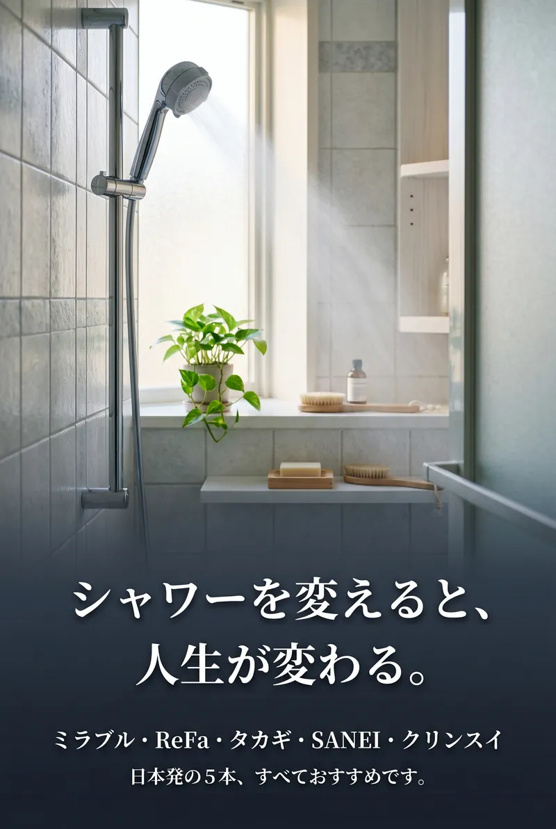 清潔感あふれるバスルームにマイクロバブルシャワーヘッドが設置されたまとめイメージ