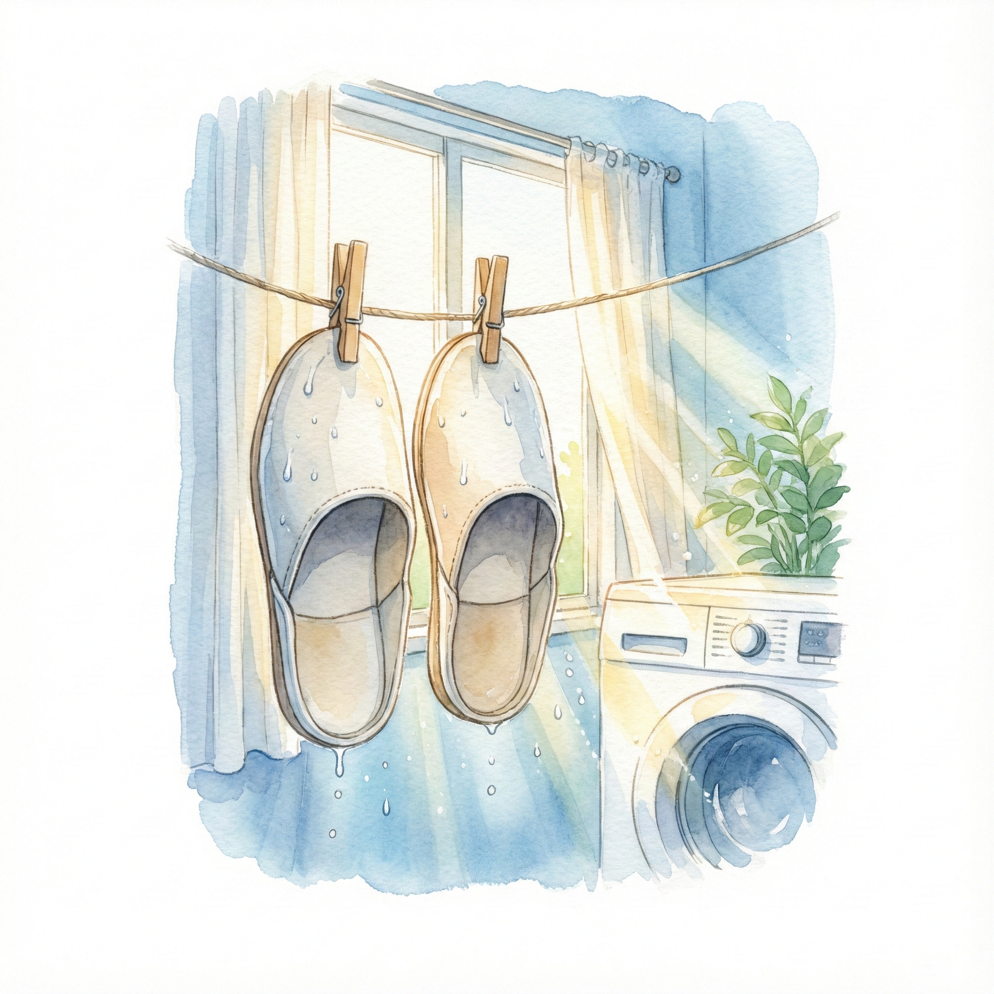 洗濯機で丸洗いできるコットンやリネン素材の日本製スリッパのイラスト