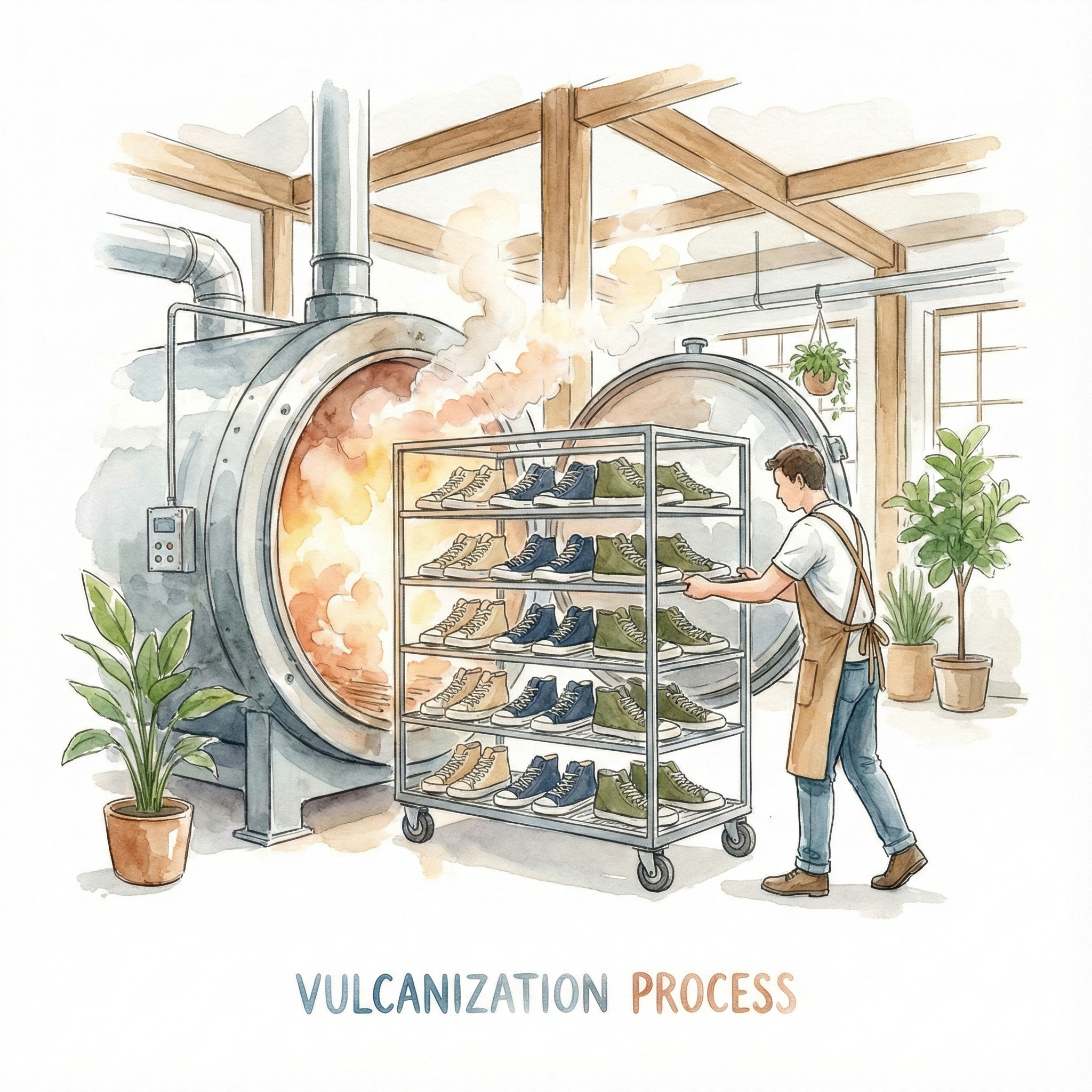 スニーカーを釜に入れて熱処理しているヴァルカナイズ製法のイラスト