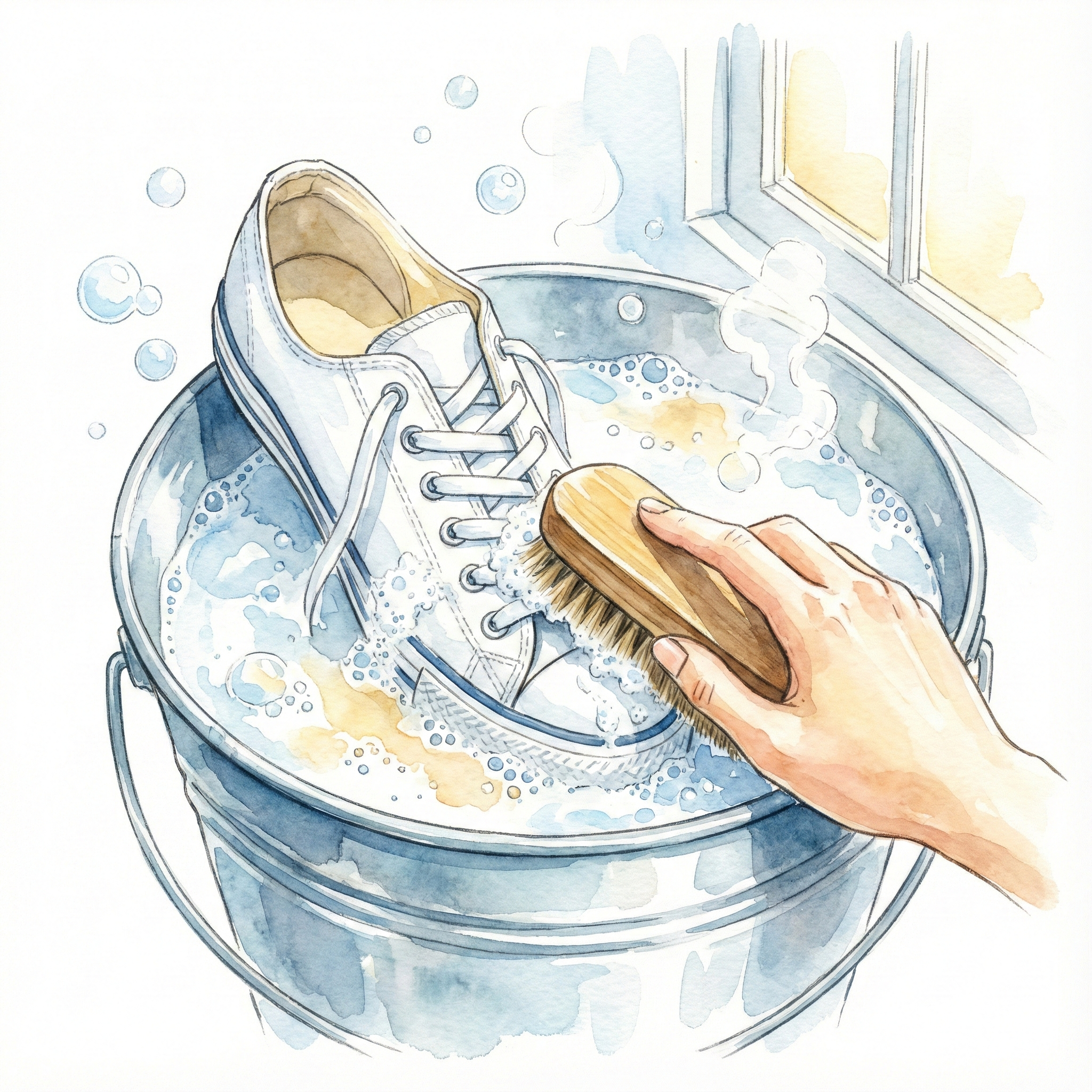 バケツの洗剤液に浸けたスニーカーをブラシで優しく洗っているイラスト