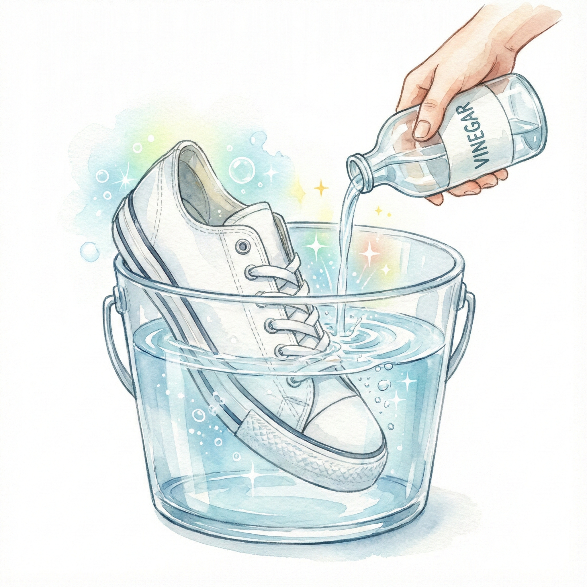 バケツの水にお酢を注いでスニーカーを浸け置きしているイラスト