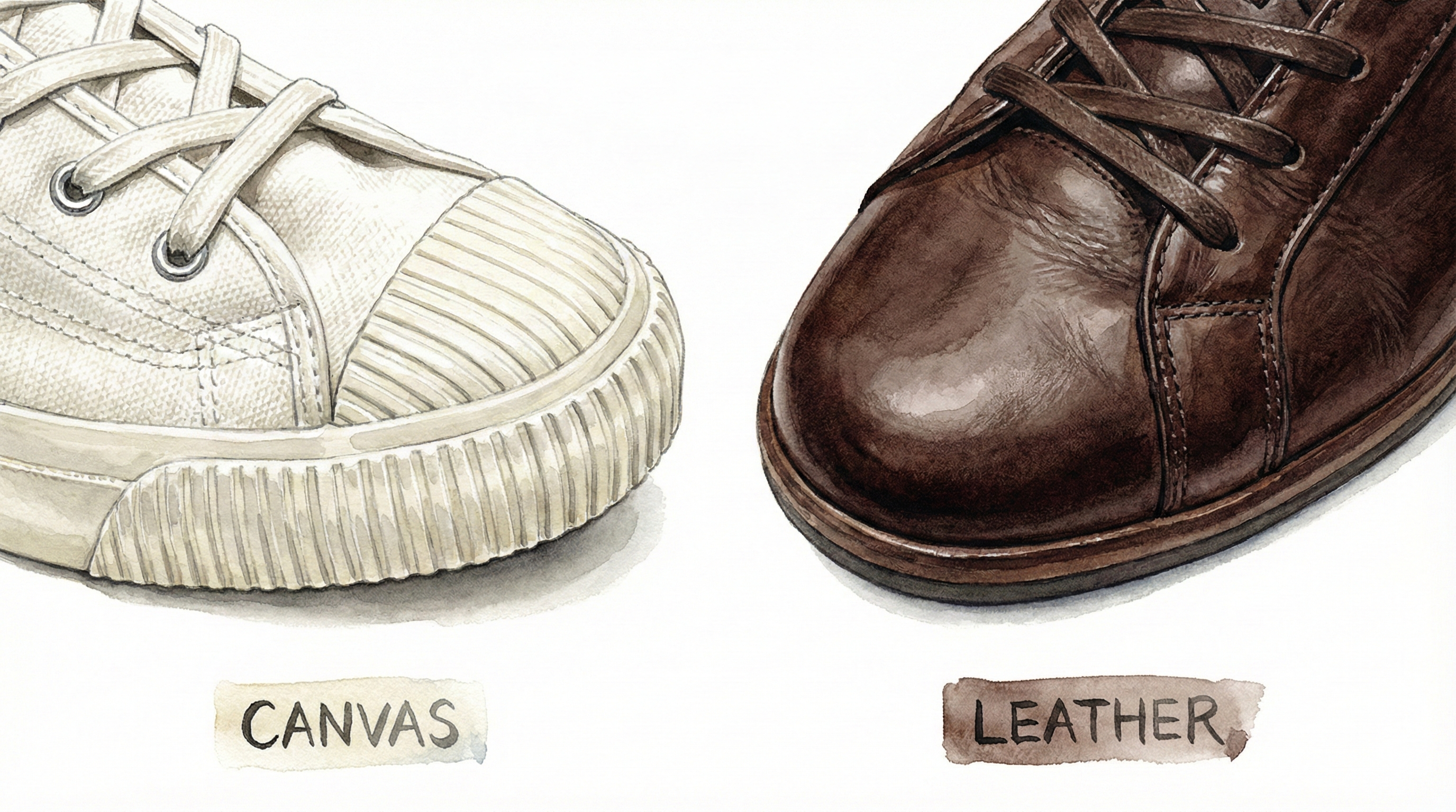 キャンバス素材とレザー素材のスニーカー比較イラスト。左は織り目のある布製、右は光沢のある革製。