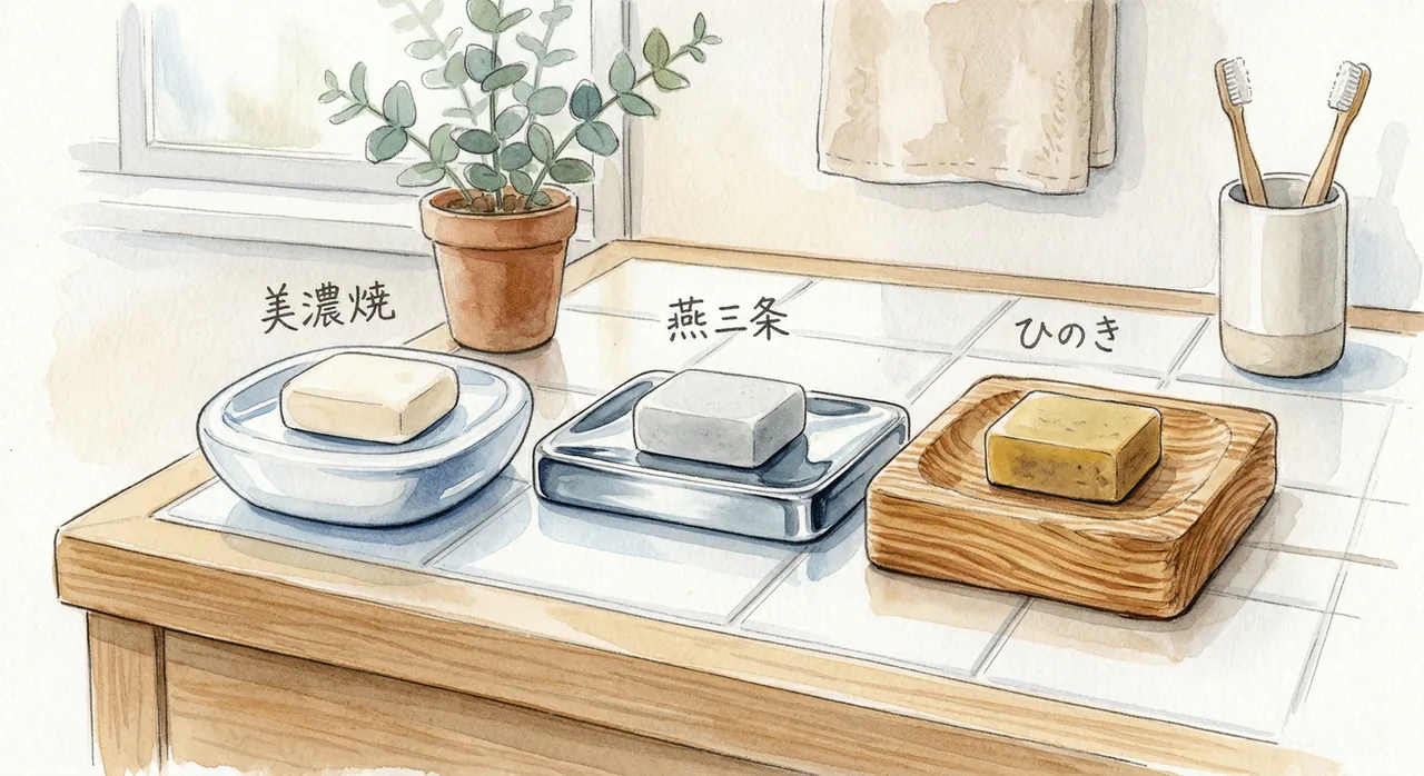 陶器・ステンレス・木製の石鹸置きを並べた素材比較イラスト