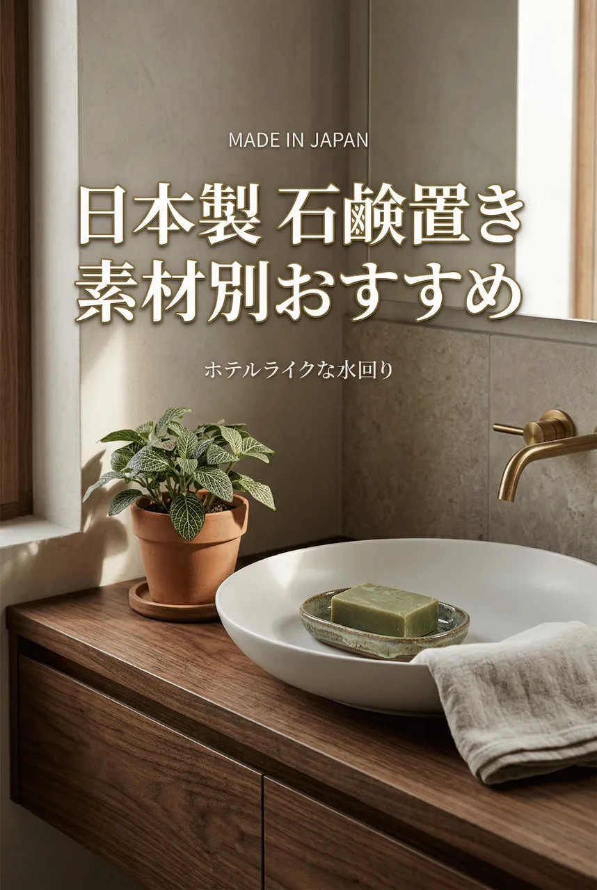 陶器や木製の石鹸置きが並ぶ清潔感のある洗面台