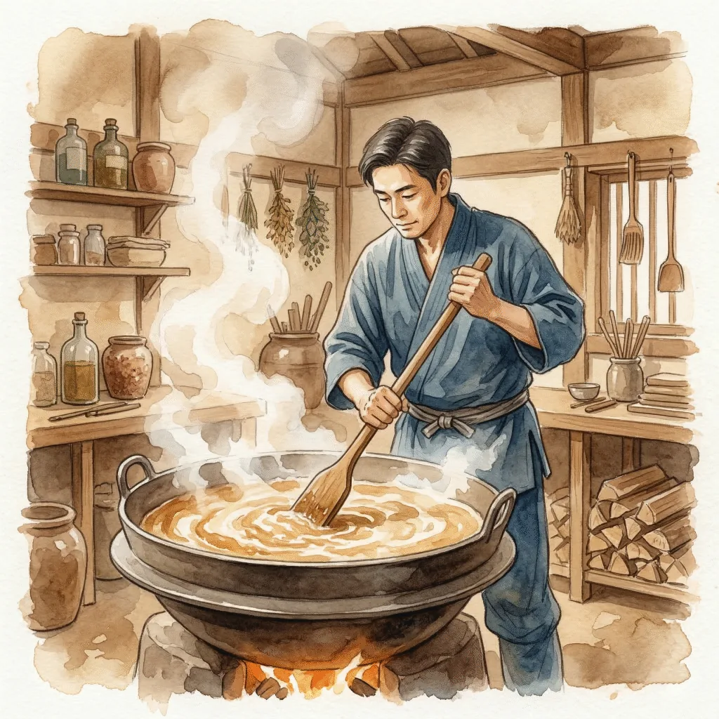 巨大な釜で石鹸を煮込む職人の様子（水彩画風イラスト）