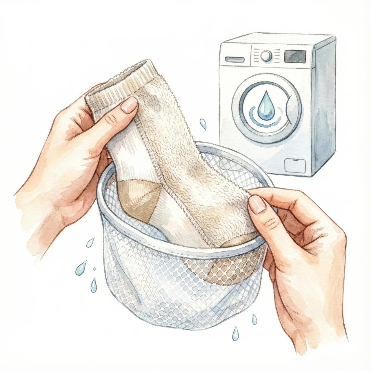 靴下を裏返して洗濯ネットに入れて洗う正しい洗濯方法のイラスト