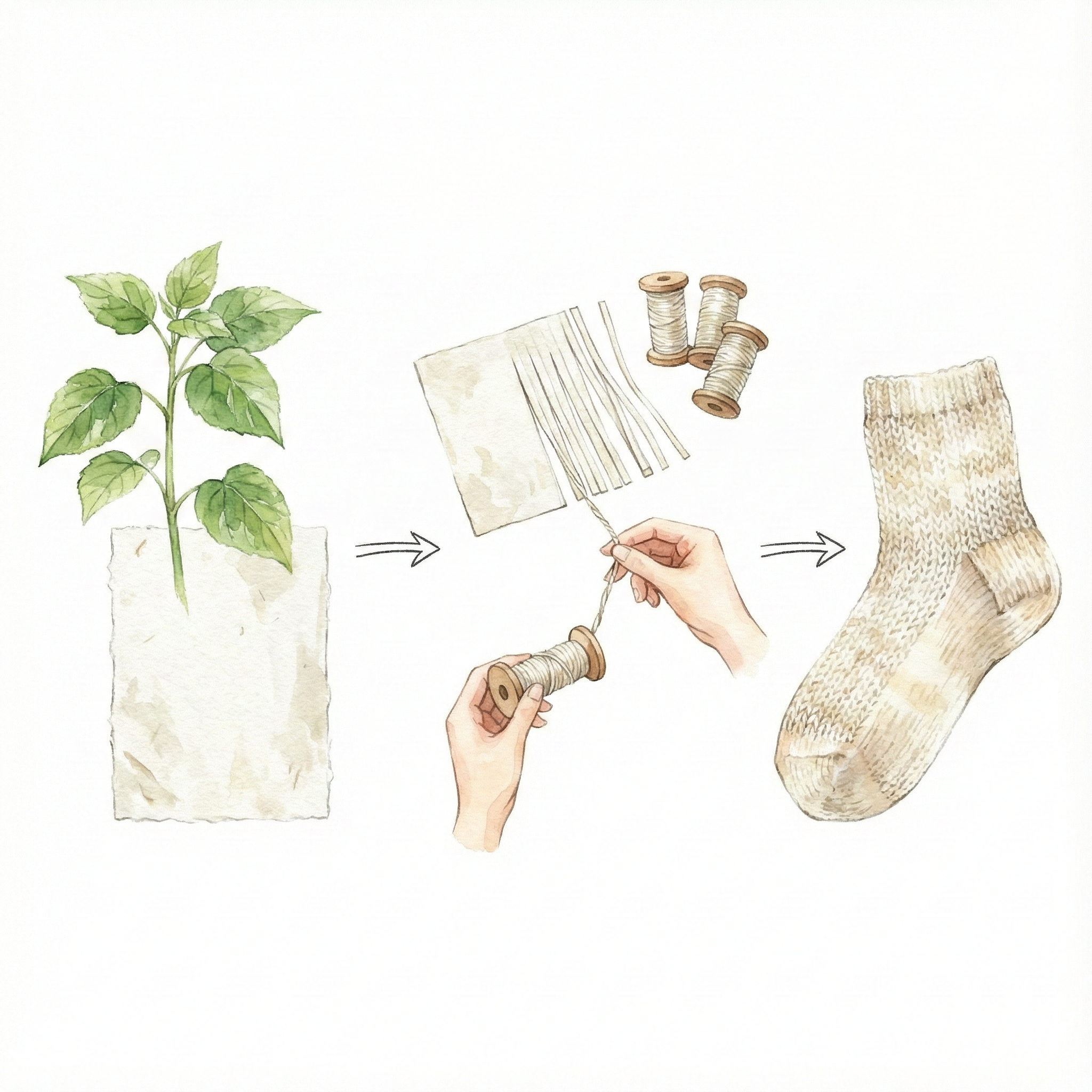 奈良県で作られる和紙素材の糸と、通気性の良い日本製靴下のイラスト