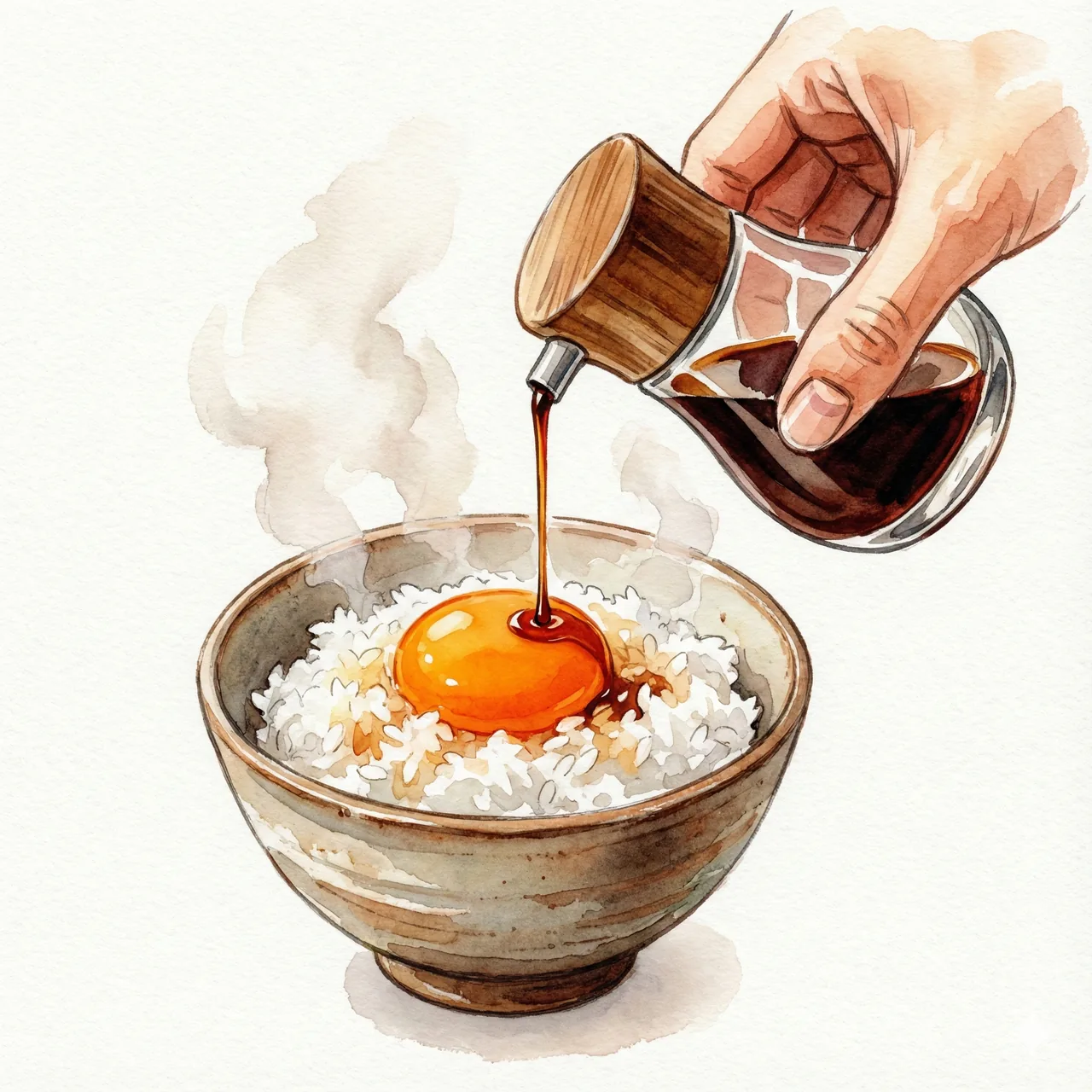 卵かけご飯に醤油を美しくかけるイラスト