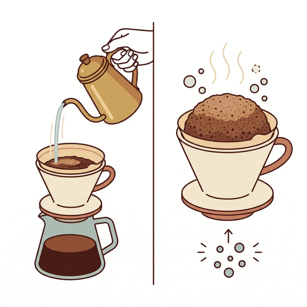 お湯を注ぐとコーヒー粉がドーム状に大きく膨らむ様子
