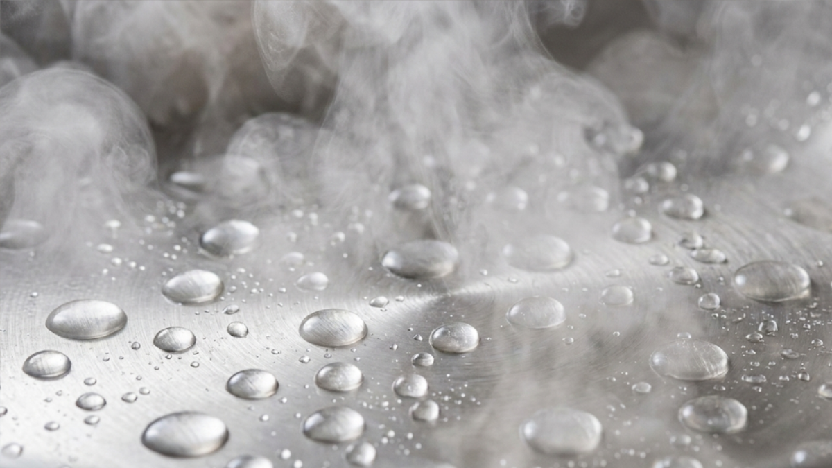 フライパンの上で水滴が玉のように転がっている様子