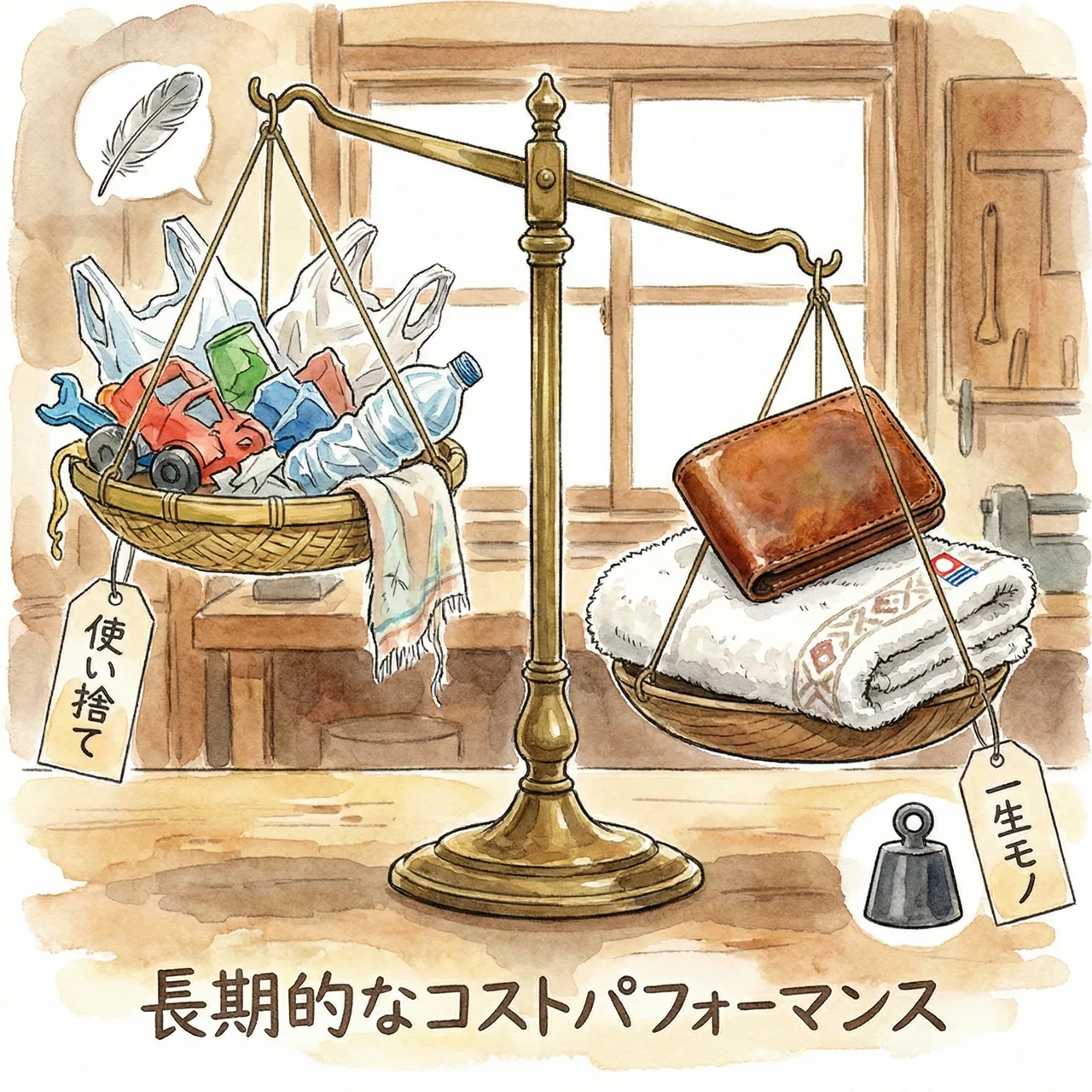 使い捨ての商品と、長く使える日本製品のコストを天秤にかけて比較しているイラスト