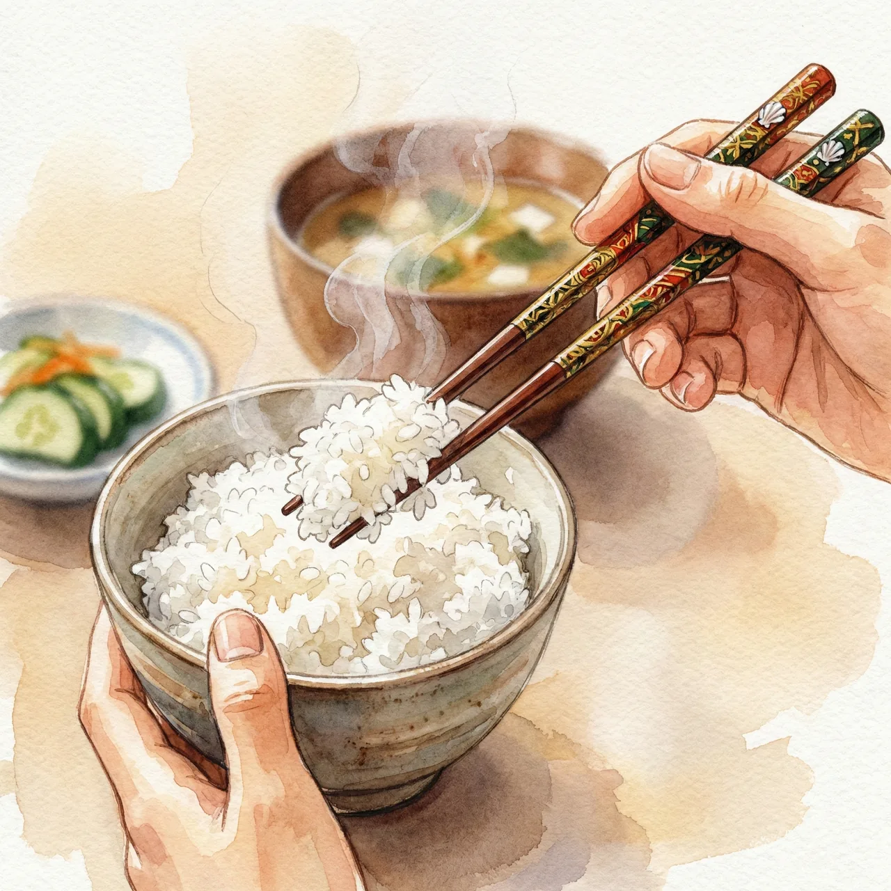 美しい若狭塗の箸を使って、炊きたてのご飯を美味しそうに食べている手元のイラスト