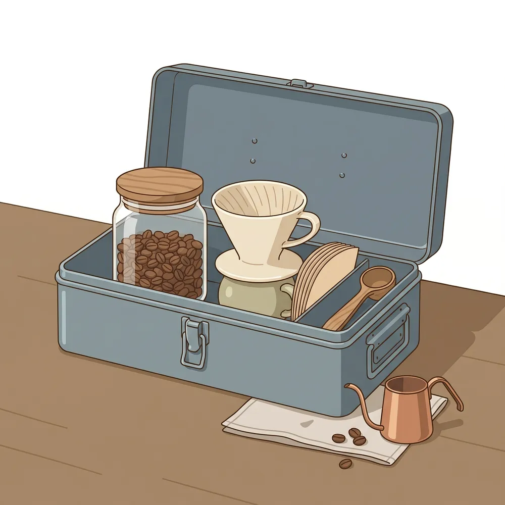 工具箱の中にコーヒー豆やドリッパーがおしゃれに収納されているイラスト
