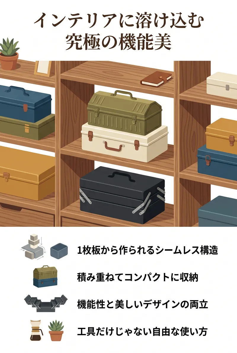 お洒落な部屋の棚に飾られたカラーバリエーション豊富なスチール工具箱の縦長インフォグラフィックイラスト
