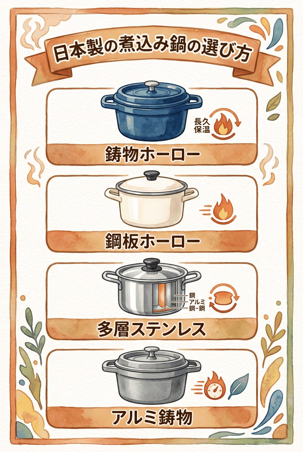 日本製の煮込み鍋の選び方まとめインフォグラフィック