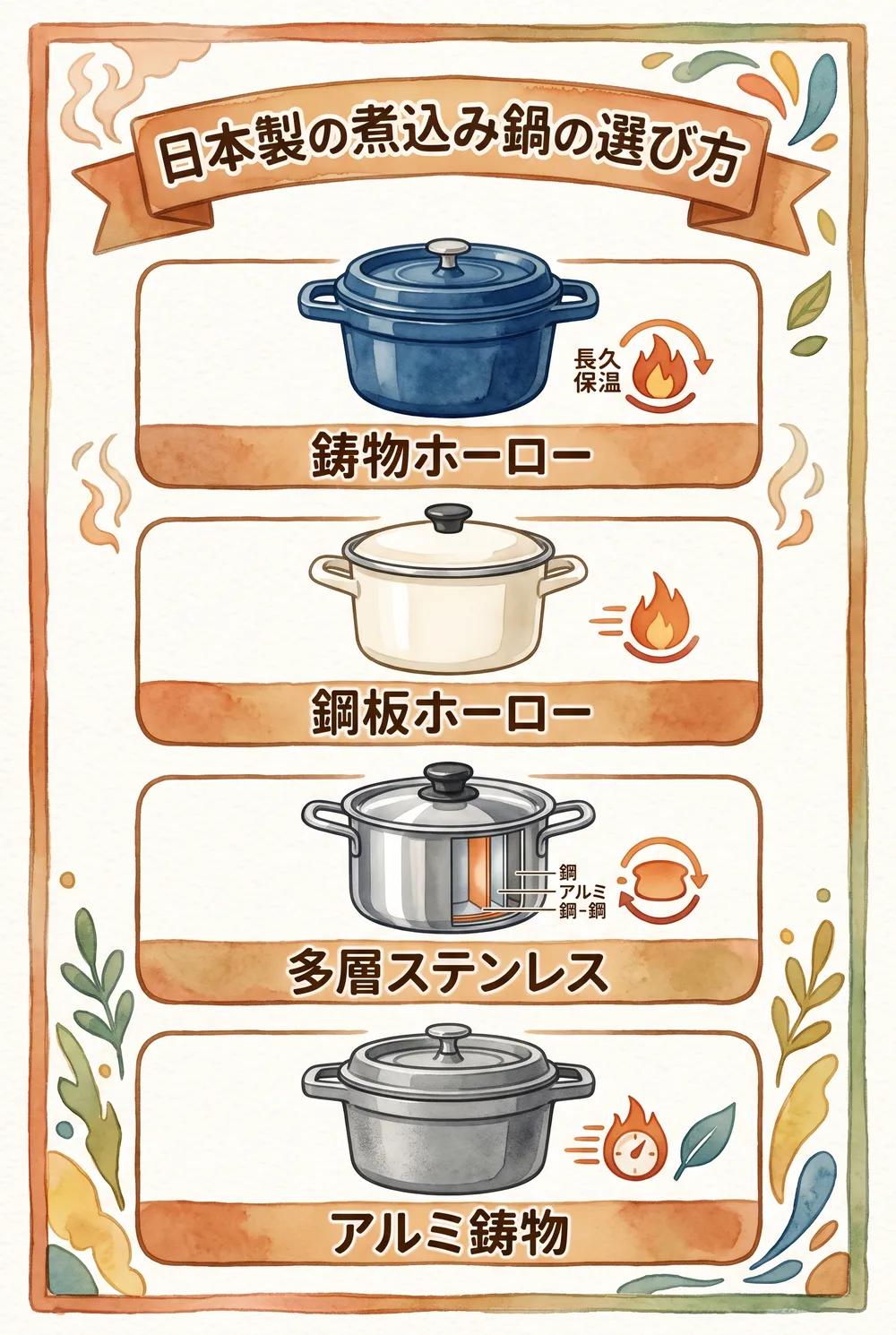 日本製の煮込み鍋の選び方まとめインフォグラフィック