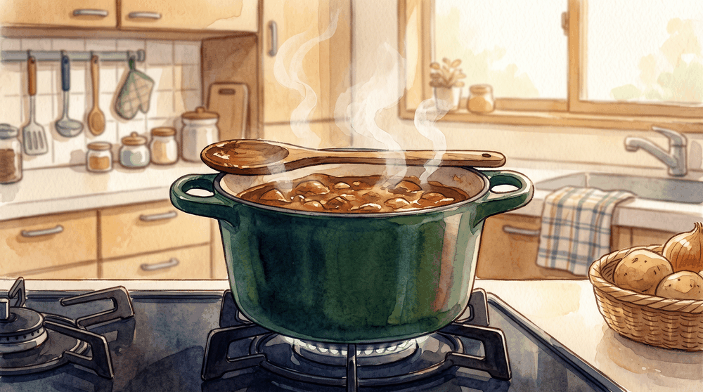 厚手の両手鍋でことこと煮込まれるカレーと、湯気の立つ台所のイラスト