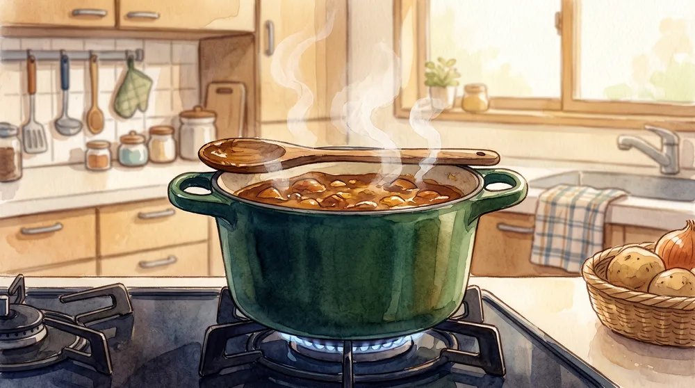 厚手の両手鍋でことこと煮込まれるカレーと、湯気の立つ台所のイラスト