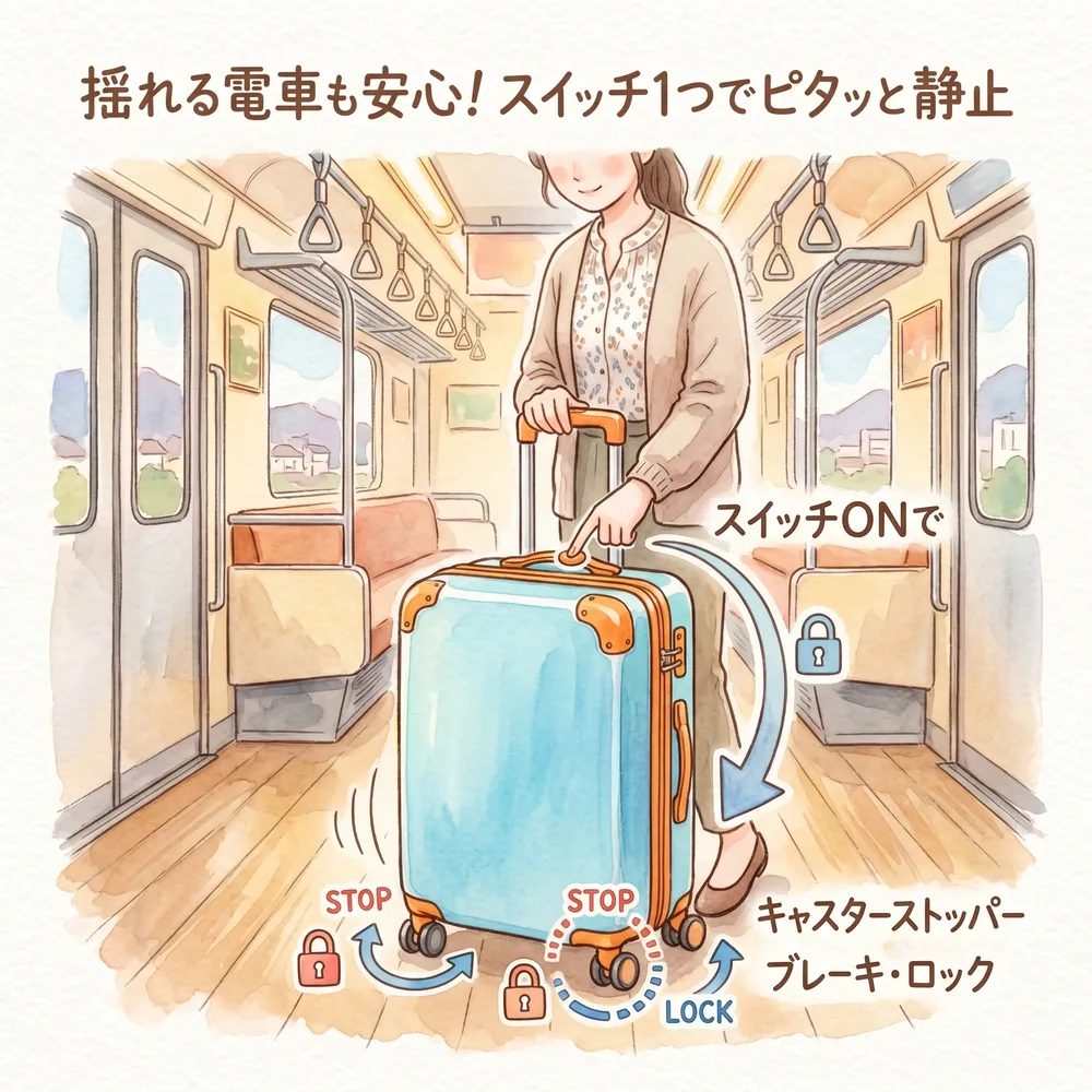 揺れる電車内で、手元のボタンでキャスターをロックして静止しているスーツケースの図解イラスト