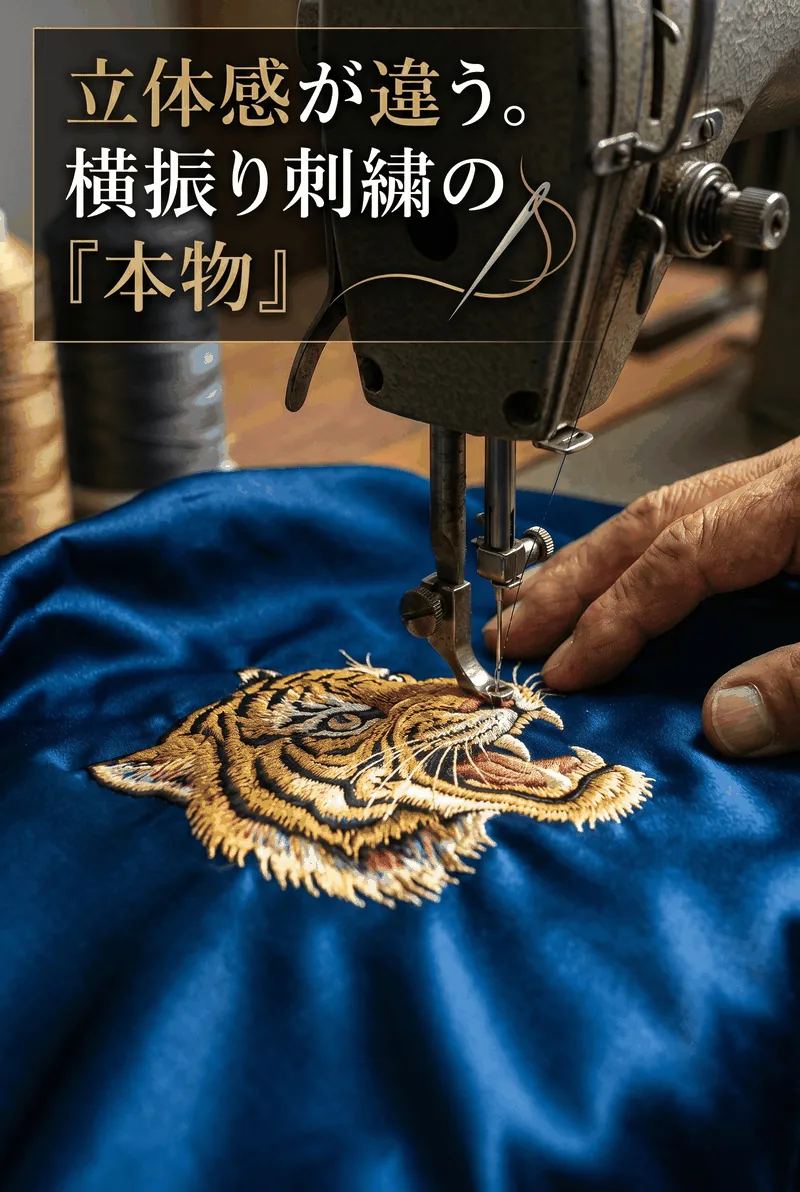 美しいアセテートサテンの落ち感と、虎の刺繍のグラデーションの縦長デザイン