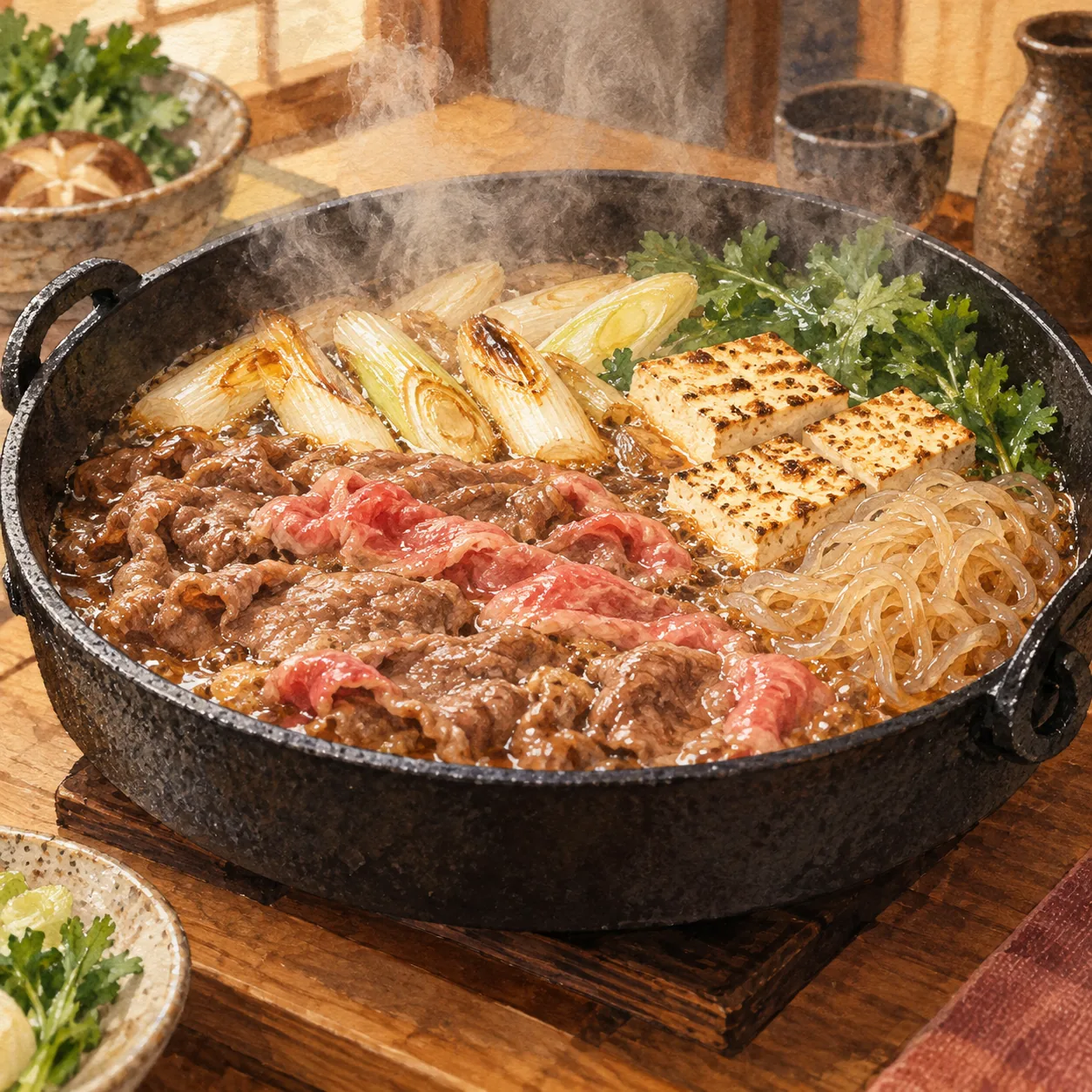 黒い南部鉄器のすき焼き鍋で、牛肉と白ねぎ、焼き豆腐、しらたきが割下で煮えている水彩イラスト