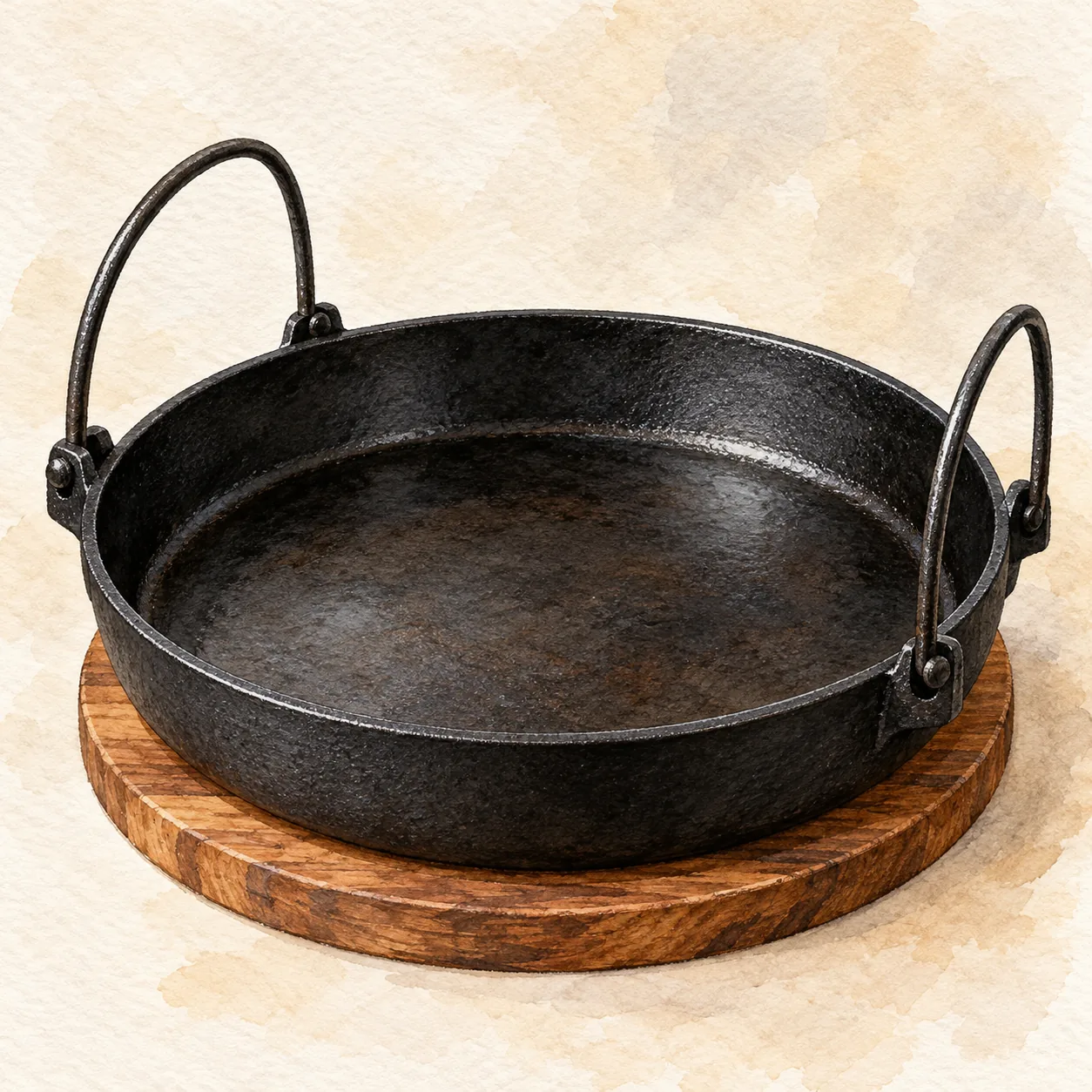 両側に弧を描く鉄のツルが付いた、飾りのない黒い丸いすき焼き鍋の水彩イラスト