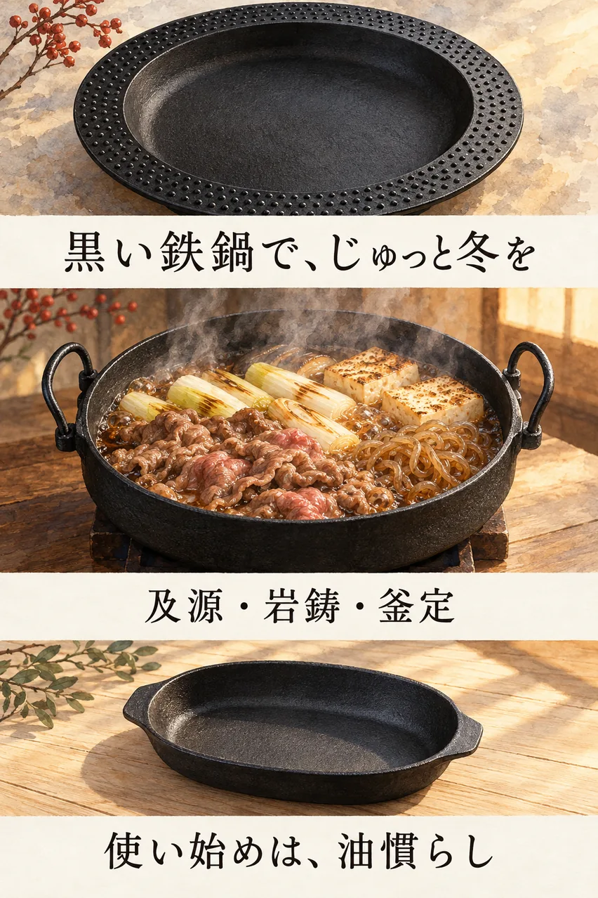 霰の文様の鉄鍋、ツル付きの鉄鍋、楕円の組鍋を縦に並べ、湯気の立つすき焼きを描いたまとめイラスト