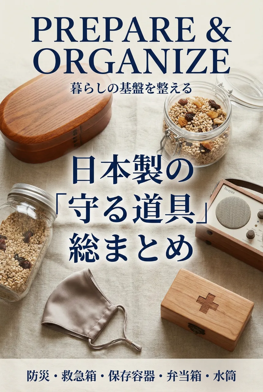 自然光が差し込む清潔なキッチンカウンターに、野田琺瑯の容器、木製の救急箱、ステンレスの水筒などが整然と並んでいる、穏やかな暮らしの風景