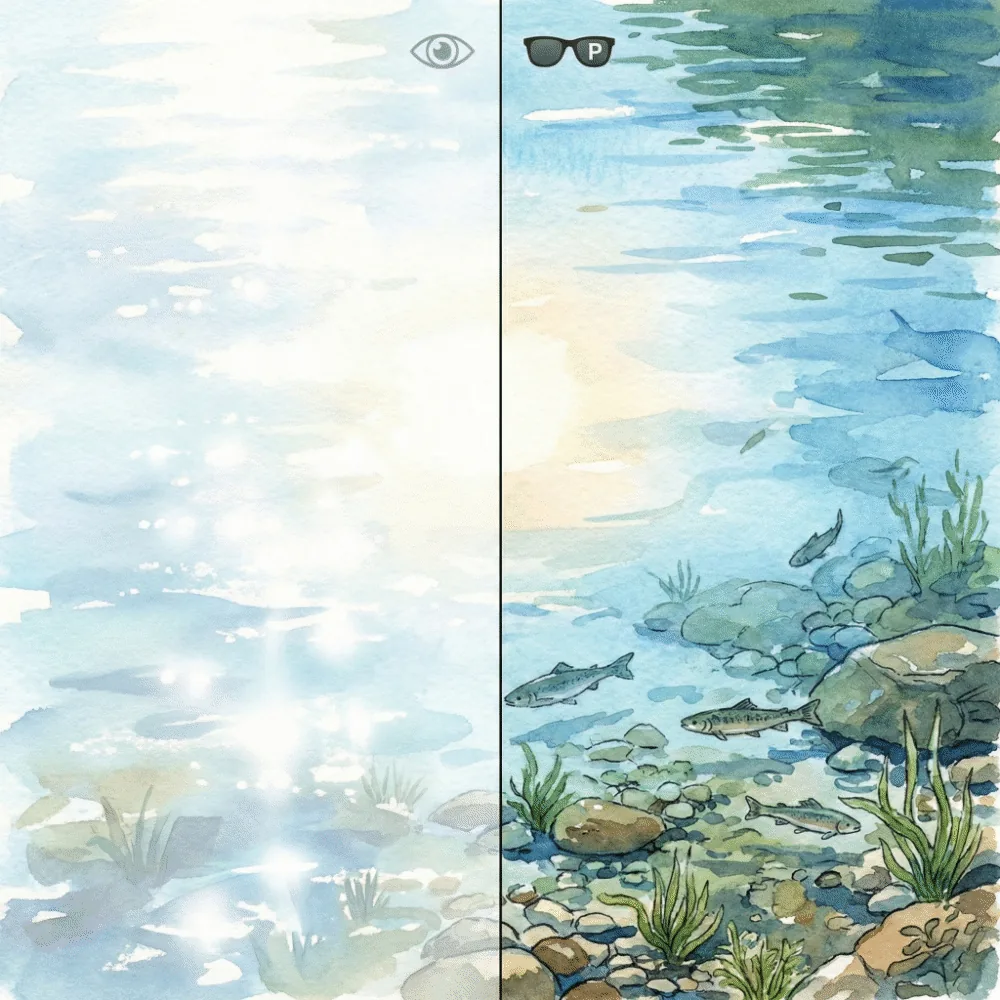 偏光レンズを通した視界と裸眼の比較。水面のギラつきが消えて、水中の魚がはっきり見えている様子のイラスト