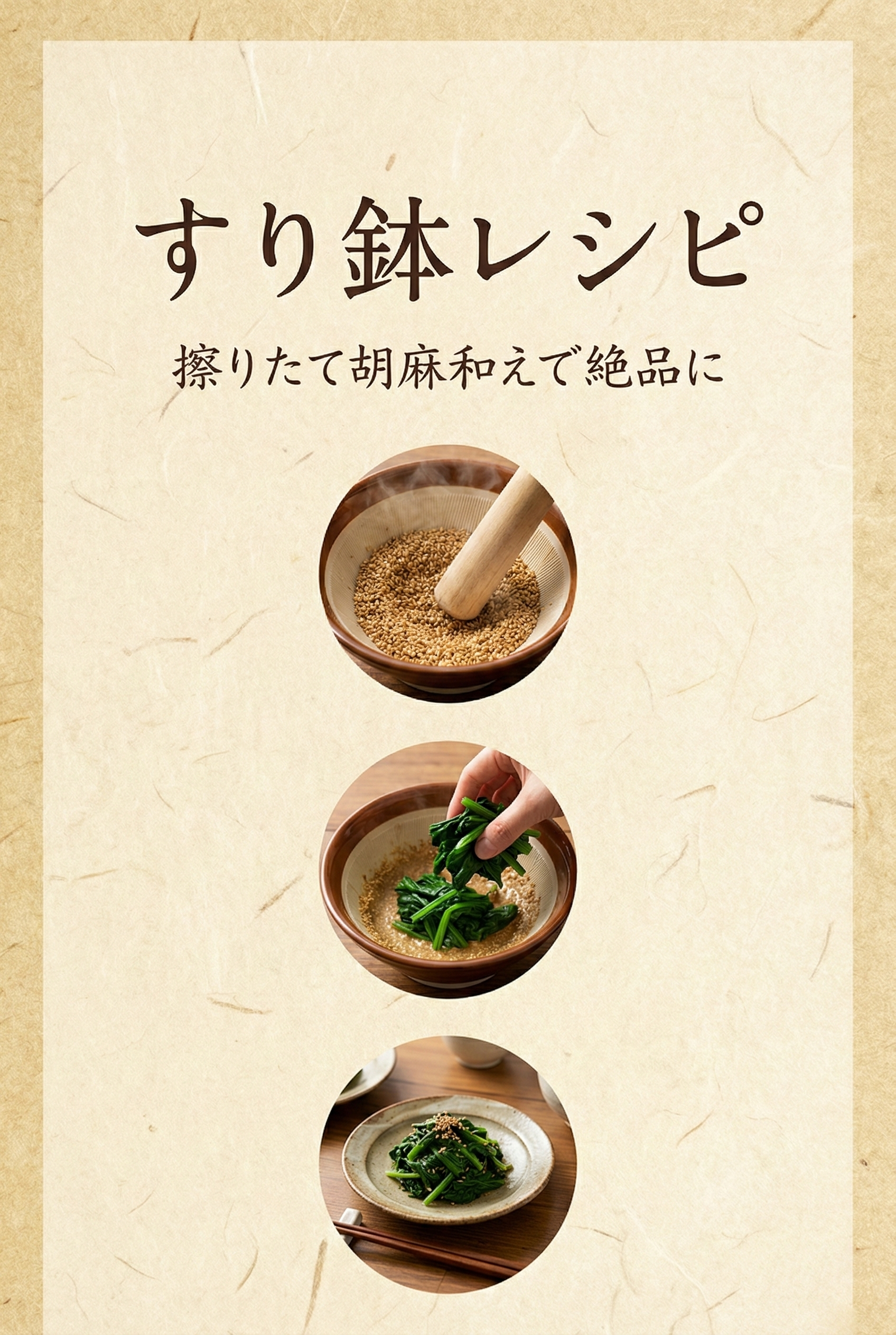 すり鉢で作ったばかりのほうれん草の胡麻和えが食卓に並んでいる写真