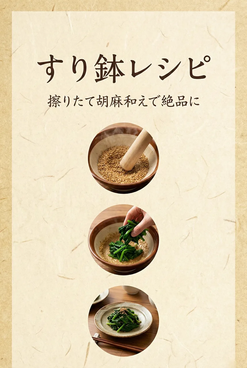 すり鉢で作ったばかりのほうれん草の胡麻和えが食卓に並んでいる写真