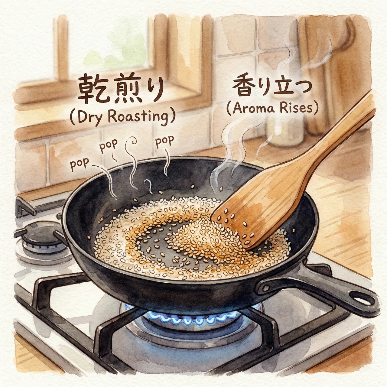 フライパンで胡麻を乾煎り（炒り直し）しているイラスト