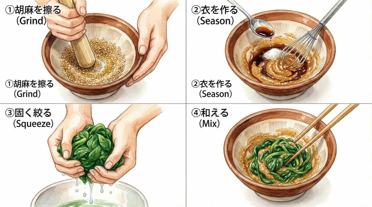 胡麻和えの手順4コマ：①胡麻を半殺しに擦る、②調味料を入れて衣を作る、③ほうれん草の水気を限界まで絞る、④食べる直前に優しく和える