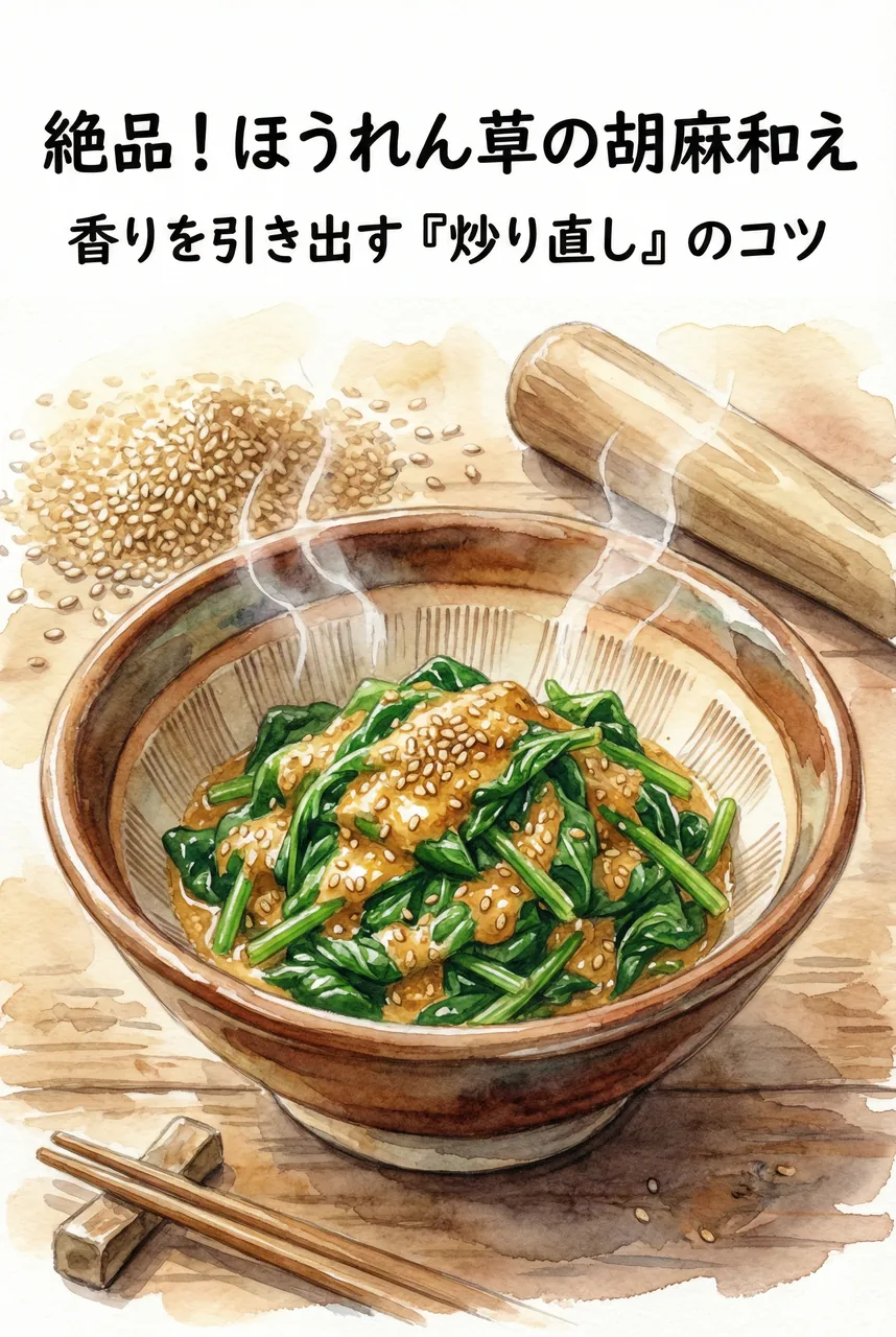 すり鉢と胡麻和えの温かい食卓のイラスト