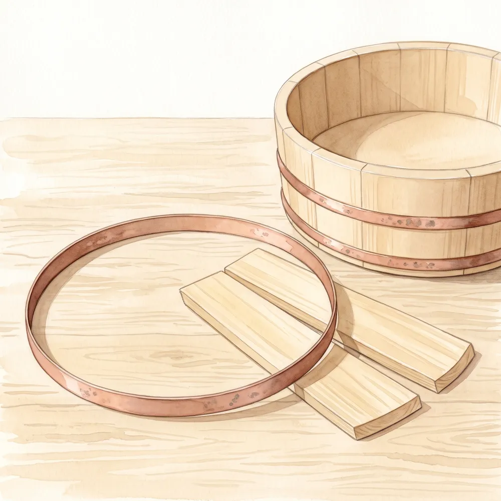 飯台と、桶の側板・銅の箍を並べた様子を描いた水彩イラスト