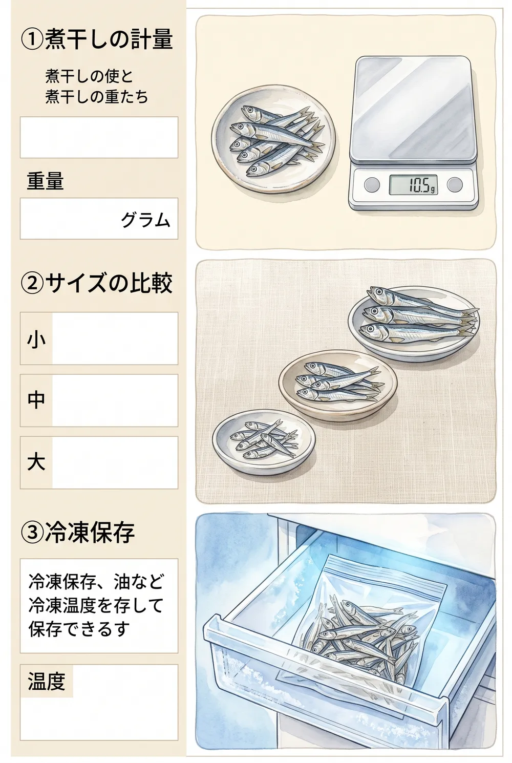 煮干しの成分値と選び方・保存方法をまとめたインフォグラフィック