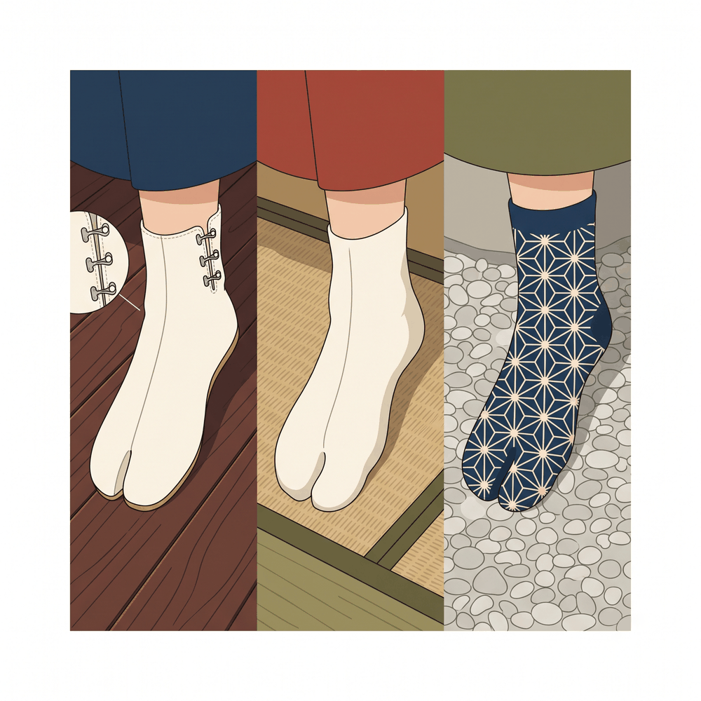 こはぜ付きの白足袋・伸縮するストレッチ足袋・ソックスタイプの足袋ソックスを並べたイラスト