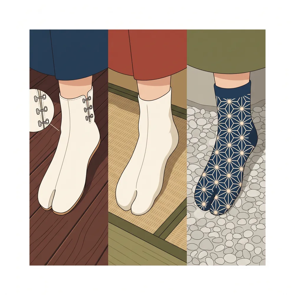 こはぜ付きの白足袋・伸縮するストレッチ足袋・ソックスタイプの足袋ソックスを並べたイラスト
