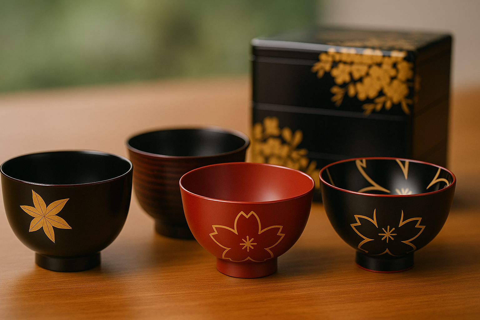 輪島塗の重箱、山中塗の汁椀、越前塗のモダンな食器のイメージ