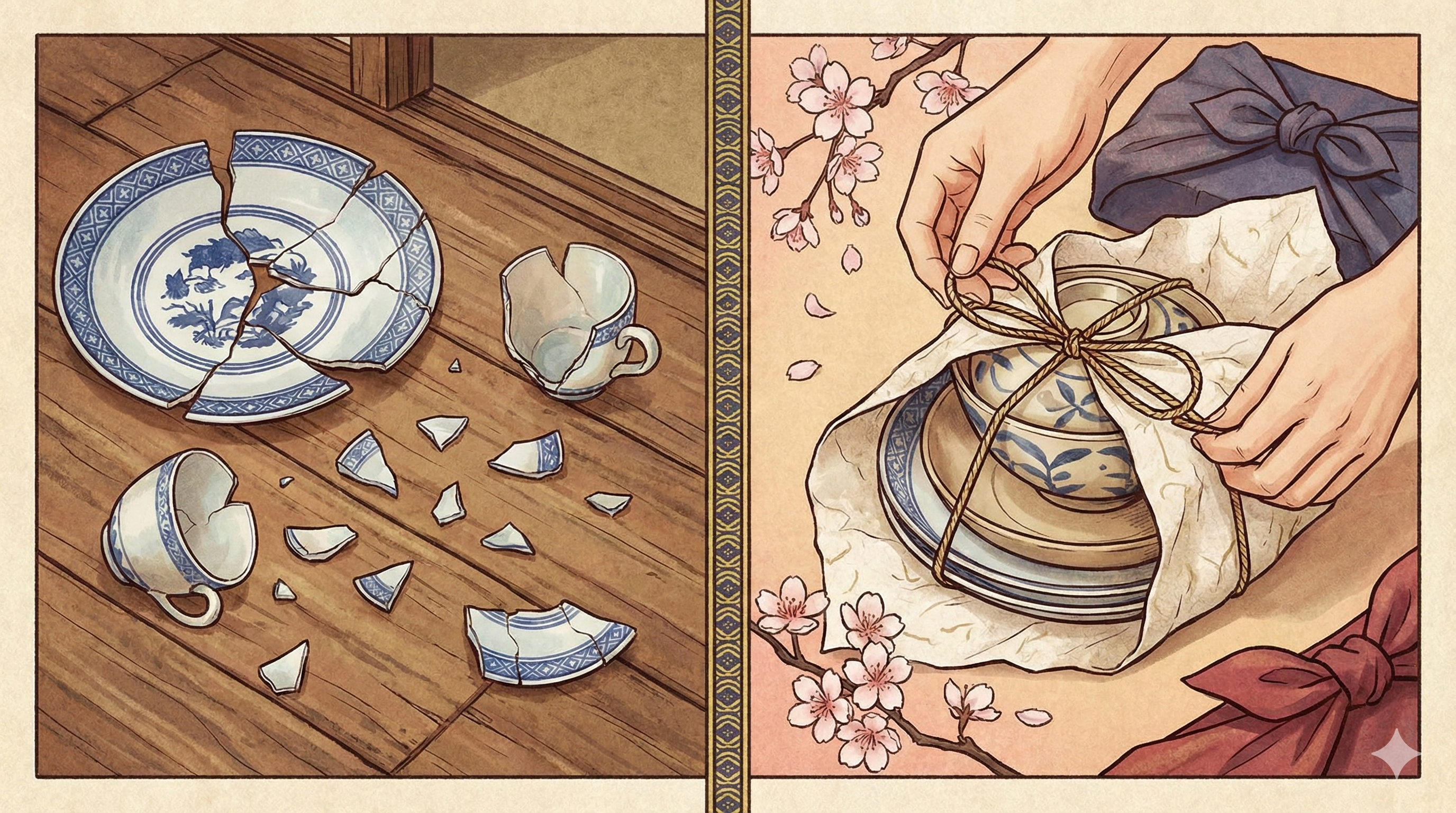 割れた食器のイラストと、和食器を丁寧に包むイメージのイラスト